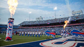 ORCHARD PARK, NY - AUGUST 09: Pyrotechnics explode as the Buffalo Bills enter the field before a preseason game against the Carolina Panthers at New Era Field on August 9, 2018 in Orchard Park, New York. (Photo by Brett Carlsen/Getty Images)