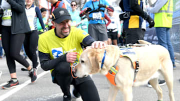 NEW YORK, NEW YORK - MARCH 17: EDITORIAL USE ONLY Guiding Eyes for the Blind President and CEO, Thomas Panek, runs the first ever 2019 United Airlines NYC Half Led Completely by Guide Dogs, with Gus on March 17, 2019 in New York City. (Photo by Craig Barritt/Getty Images for Guiding Eyes For The Blind)