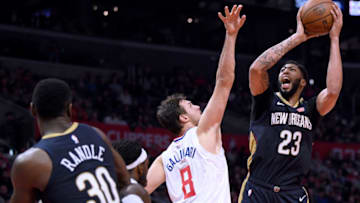 LOS ANGELES, CALIFORNIA - JANUARY 14: Anthony Davis #23 of the New Orleans Pelicans reacts as he is fouled by Danilo Gallinari #8 of the LA Clippers during a 121-117 Pelicans win at Staples Center on January 14, 2019 in Los Angeles, California. (Photo by Harry How/Getty Images)