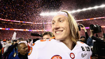 SANTA CLARA, CA - JANUARY 07: Trevor Lawrence #16 of the Clemson Tigers reacts after his teams 44-16 win over the Alabama Crimson Tide in the CFP National Championship presented by AT&T at Levi's Stadium on January 7, 2019 in Santa Clara, California. (Photo by Ezra Shaw/Getty Images)