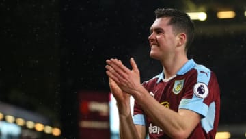 BURNLEY, ENGLAND - JANUARY 31: Michael Keane of Burnley applauds the fans at full time during the Premier League match between Burnley and Leicester City at Turf Moor on January 31, 2017 in Burnley, England. (Photo by Robbie Jay Barratt - AMA/Getty Images)