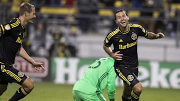 Oct 1, 2016; Columbus, OH, USA; Columbus Crew SC forward Adam Jahn (12) chases midfielder Dilly Duka (5) fter Duka