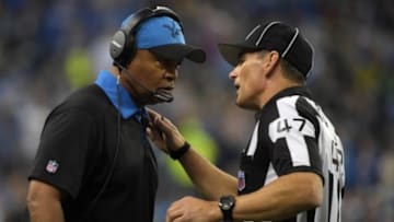 Dec 3, 2015; Detroit, MI, USA; Detroit Lions head coach Jim Caldwell talks with line judge Tim Podraza (47) during an NFL football game against the Green Bay Packers at Ford Field. The Packers defeated the Lions 27-23. Mandatory Credit: Kirby Lee-USA TODAY Sports