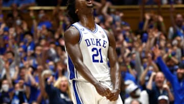 DURHAM, NORTH CAROLINA - MARCH 05: AJ Griffin #21 of the Duke Blue Devils reacts during the first half against the North Carolina Tar Heels at Cameron Indoor Stadium on March 05, 2022 in Durham, North Carolina. (Photo by Jared C. Tilton/Getty Images)