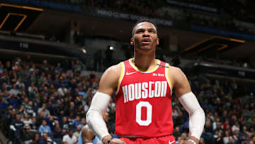 MINNEAPOLIS, MN - JANUARY 24: Russell Westbrook #0 of the Houston Rockets reacts to a play against the Minnesota Timberwolves. Copyright 2020 NBAE (Photo by David Sherman/NBAE via Getty Images)