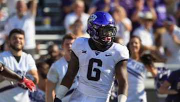 FORT WORTH, TX - SEPTEMBER 16: Darius Anderson #6 of the TCU Horned Frogs celebrates a touchdown against the Southern Methodist Mustangs in the second half at Amon G. Carter Stadium on September 16, 2017 in Fort Worth, Texas. (Photo by Ronald Martinez/Getty Images)