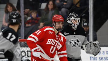 PROVIDENCE, RI - MARCH 4: Luke Tuch #11 of the Boston University Terriers skates against the Providence College Friars during NCAA hockey at the Schneider Arena on March 4, 2023 in Providence, Rhode Island. The Terriers won 2-0. (Photo by Richard T Gagnon/Getty Images)