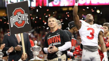 Jan 1, 2015; New Orleans, LA, USA; Ohio State Buckeyes head coach Urban Meyer and Ohio State Buckeyes safety Khaleed Franklin (3) react after the 2015 Sugar Bowl at Mercedes-Benz Superdome. Ohio State defeated Alabama 42-35. Mandatory Credit: Derick E. Hingle-USA TODAY Sports