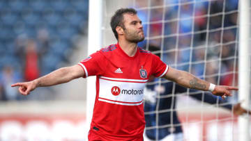 CHICAGO, IL - MAY 08: Chicago Fire forward Nemanja Nikolic (23) celebrates with teammates after scoring a goal in action during a game between the Chicago fire and the New England Revolution on May 8, 2019 at SeatGeek Stadium in Bridgeview, IL. (Photo by Robin Alam/Icon Sportswire via Getty Images)