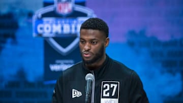 INDIANAPOLIS, IN - FEBRUARY 25: Van Jefferson #WO27 of the Florida Gators speaks to the media at the Indiana Convention Center on February 25, 2020 in Indianapolis, Indiana. (Photo by Michael Hickey/Getty Images) *** Local Capture *** Van Jefferson