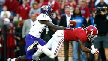 TUSCALOOSA, AL - NOVEMBER 22: Chris Black #1 of the Alabama Crimson Tide fails to pull in this touchdown reception against Keion Crossen #35 of the Western Carolina Catamounts at Bryant-Denny Stadium on November 22, 2014 in Tuscaloosa, Alabama. (Photo by Kevin C. Cox/Getty Images)