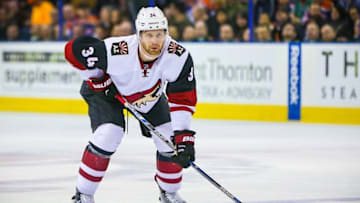 Mar 12, 2016; Edmonton, Alberta, CAN; Arizona Coyotes defenseman Klas Dahlbeck (34) during the face off against the Edmonton Oilers during the first period at Rexall Place. Arizona Coyotes won 4-0. Mandatory Credit: Sergei Belski-USA TODAY Sports
