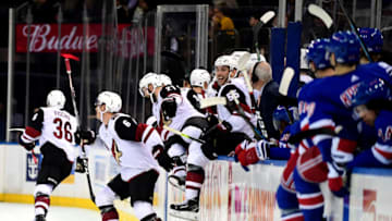NEW YORK, NEW YORK - OCTOBER 22: The Arizona Coyotes celebrate after Christian Dvorak #18 scores the game winning over time goal during their game against the New York Rangers at Madison Square Garden on October 22, 2019 in New York City. (Photo by Emilee Chinn/Getty Images)