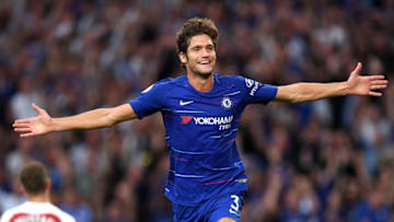 LONDON, ENGLAND - AUGUST 18: Marcos Alonso of Chelsea celebrates after scoring his team's third goal during the Premier League match between Chelsea FC and Arsenal FC at Stamford Bridge on August 18, 2018 in London, United Kingdom. (Photo by Darren Walsh/Chelsea FC via Getty Images)
