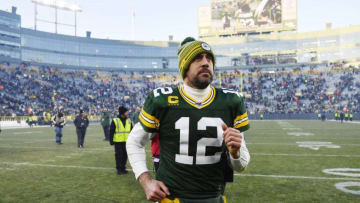 GREEN BAY, WISCONSIN - DECEMBER 15: Aaron Rodgers #12 of the Green Bay Packers leaves the field after the win against the Chicago Bears at Lambeau Field on December 15, 2019 in Green Bay, Wisconsin. (Photo by Quinn Harris/Getty Images)