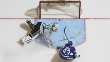 TORONTO, ON - MARCH 14: Nazem Kadri #43 of the Toronto Maple Leafs scores on Kari Lehtonen #32 of the Dallas Stars during the first period at the Air Canada Centre on March 14, 2018 in Toronto, Ontario, Canada. (Photo by Mark Blinch/NHLI via Getty Images)