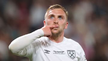 PRAGUE, CZECH REPUBLIC - JUNE 07: Jarrod Bowen of West Ham United celebrates after scoring his side's second goal during the UEFA Europa Conference League 2022/23 final match between ACF Fiorentina and West Ham United FC at Eden Arena on June 07, 2023 in Prague, Czech Republic. (Photo by James Gill - Danehouse/Getty Images)