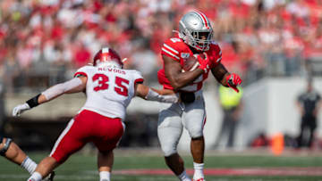 COLUMBUS, OH - SEPTEMBER 21: J.K. Dobbins #2 of the Ohio State Buckeyes during game action between the Ohio State Buckeyes and the Miami Redhawks on September 21, 2019, at Ohio Stadium in Columbus, OH. (Photo by Adam Lacy/Icon Sportswire via Getty Images)