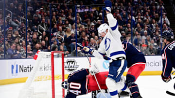 COLUMBUS, OHIO - OCTOBER 14: Corey Perry #10 of the Tampa Bay Lightning celebrates his goal against Daniil Tarasov #40 of the Columbus Blue Jackets during the first period at Nationwide Arena on October 14, 2022 in Columbus, Ohio. (Photo by Emilee Chinn/Getty Images)