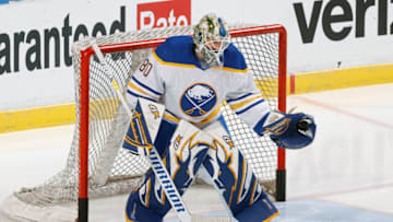 SUNRISE, FL - DECEMBER 2: Goaltender Aaron Dell #80 of the Buffalo Sabres warms up prior to the game against the Florida Panthers at the FLA Live Arena on December 2, 2021 in Sunrise, Florida. (Photo by Joel Auerbach/Getty Images)