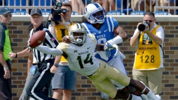 DURHAM, NC - SEPTEMBER 16: Jeremy McDuffie #9 of the Duke Blue Devils breaks up a pass in the end zone intended for Chris Platt #14 of the Baylor Bears during the game at Wallace Wade Stadium on September 16, 2017 in Durham, North Carolina. (Photo by Grant Halverson/Getty Images)
