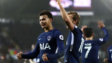 SWANSEA, WALES - JANUARY 02: Dele Alli of Tottenham Hotspur celebrates after scoring his sides second goal with Harry Kane of Tottenham Hotspur during the Premier League match between Swansea City and Tottenham Hotspur at Liberty Stadium on January 2, 2018 in Swansea, Wales. (Photo by Michael Steele/Getty Images)