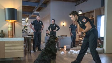 9-1-1: LONE STAR: L-R: Rob Lowe, Jim Parrack, Natacha Karam, Brian Michael Smith and Ronen Rubinstein in the Monster Inside episode of 9-1-1: LONE STAR airing Monday, March 2 (8:00-9:01 PM ET/PT) on FOX. ©2020 Fox Media LLC. CR: Jack Zeman/FOX.
