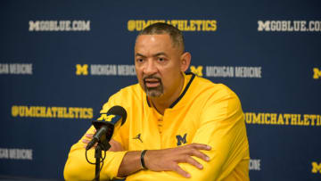 ANN ARBOR, MICHIGAN - NOVEMBER 29: Head coach Juwan Howard of the Michigan Wolverines speaks to the media after a game against the Virginia Cavaliers at Crisler Arena on November 29, 2022 in Ann Arbor, Michigan. The Cavaliers won 70-68. (Photo by Aaron J. Thornton/Getty Images)