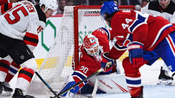 MONTREAL, QC - SEPTEMBER 16: Montreal Canadiens goalie Cayden Primeau (30) stops a shot from New Jersey Devils right wing John Hayden (15) during the New Jersey Devils versus the Montreal Canadiens preseason game on September 16, 2019, at Bell Centre in Montreal, QC (Photo by David Kirouac/Icon Sportswire via Getty Images)