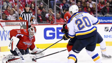 WASHINGTON, DC - JANUARY 7: Washington Capitals goaltender Braden Holtby (70) makes a save on shot by St. Louis Blues left wing Alexander Steen (20) in the second period on January 07, 2018, at the Capital One Arena in Washington, D.C. The Washington Capitals defeated the St. Louis Blues, 4-3 in overtime. (Photo by Mark Goldman/Icon Sportswire via Getty Images)