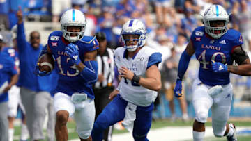 Hasan Defense of Kansas football scores a touchdown on an interception. (Photo by Jamie Squire/Getty Images)
