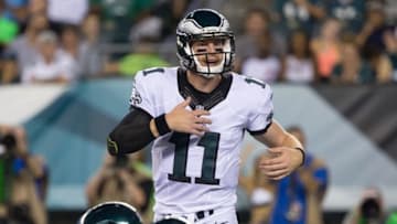 Aug 11, 2016; Philadelphia, PA, USA; Philadelphia Eagles quarterback Carson Wentz (11) calls a play at the line of scrimmage against the Tampa Bay Buccaneers at Lincoln Financial Field. The Philadelphia Eagles won 17-9. Mandatory Credit: Bill Streicher-USA TODAY Sports