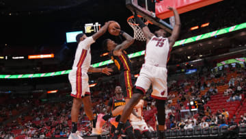 Markieff Morris #8 of the Miami Heat blocks the shot of John Collins #20 of the Atlanta Hawks(Photo by Mark Brown/Getty Images)