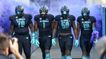ORLANDO, FL - JANUARY 02: Team Pressure offensive lineman Damieon George (79), Team Pressure tight end Darnell Washington (1), Team Pressure offensive tackle Broderick Jones (59) and Team Pressure athlete Ja'Quinden Jackson (12) prior to the Under Armour All-America game between Team Pressure and Team Savage on January 02, 2020, at Camping World Stadium in Orlando, FL. (Photo by Roy K. Miller/Icon Sportswire via Getty Images)