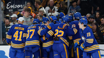 BOSTON, MA - DECEMBER 31: Alex Tuch #89 of the Buffalo Sabres celebrates with his teammates after scoring in overtime against the Boston Bruins at the TD Garden on December 31, 2022 in Boston, Massachusetts. The Sabres won 4-3. (Photo by Rich Gagnon/Getty Images)
