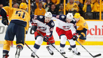 NASHVILLE, TN - APRIL 7: Dean Kukan #46 of the Columbus Blue Jackets skates against the Nashville Predators during an NHL game at Bridgestone Arena on April 7, 2018 in Nashville, Tennessee. (Photo by John Russell/NHLI via Getty Images) *** Local Caption *** Dean Kukan