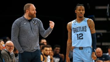 Memphis Grizzlies head coach Taylor Jenkins (left) and guard Ja Morant (12)-Mandatory Credit: Petre Thomas-USA TODAY Sports