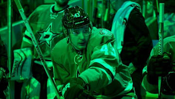 May 1, 2016; Dallas, TX, USA; Dallas Stars right wing Valeri Nichushkin (43) prepares to face the St. Louis Blues in game two of the first round of the 2016 Stanley Cup Playoffs at the American Airlines Center. The Blues win 4-3 in overtime. Mandatory Credit: Jerome Miron-USA TODAY Sports