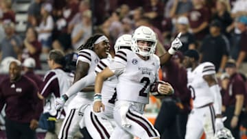 COLLEGE STATION, TEXAS - OCTOBER 02: Will Rogers #2 of the Mississippi State Bulldogs runs off the field aftyer defeawting the Texas A&M Aggiesat Kyle Field on October 02, 2021 in College Station, Texas. (Photo by Bob Levey/Getty Images)