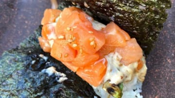 Salmon avocado hand roll from Origami Ramen Bar in Phoenix.Origami Salmon Avocado