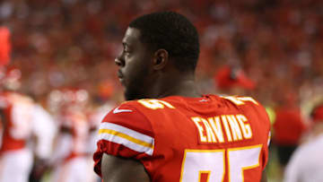 KANSAS CITY, MO - OCTOBER 02: Kansas City Chiefs offensive tackle Cameron Erving (75) on the sidelines during the first quarter of an NFL game between the Washington Redskins and Kansas City Chiefs on October 2, 2017 at Arrowhead Stadium in Kansas City, MO. (Photo by Scott Winters/Icon Sportswire via Getty Images)