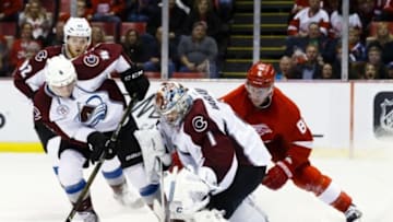 Feb 12, 2016; Detroit, MI, USA; Colorado Avalanche goalie Semyon Varlamov (1) makes the save in overtime against the Detroit Red Wings at Joe Louis Arena. Colorado won 3-2 in an overtime shootout. Mandatory Credit: Rick Osentoski-USA TODAY Sports