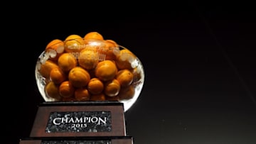 MIAMI GARDENS, FL - DECEMBER 31: A detailed view of the trophy after the Clemson Tigers defeated the Oklahoma Sooners with a score of 37 to 17 to win the 2015 Capital One Orange Bowl at Sun Life Stadium on December 31, 2015 in Miami Gardens, Florida. (Photo by Mike Ehrmann/Getty Images)