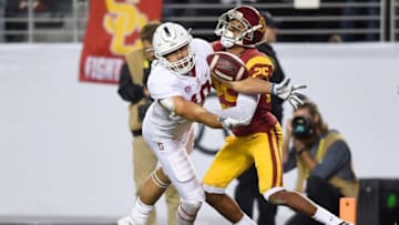 SANTA CLARA, CA - DECEMBER 01: Jack Jones #25 of the USC Trojans is called for pass interference on JJ Arcega-Whiteside #19 of the Stanford Cardinal during the Pac-12 Football Championship Game at Levi's Stadium on December 1, 2017 in Santa Clara, California. (Photo by Thearon W. Henderson/Getty Images)