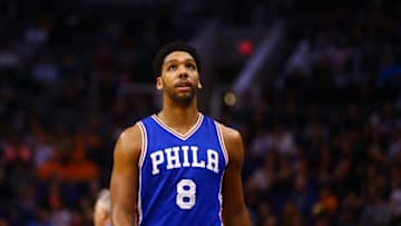 Dec 23, 2016; Phoenix, AZ, USA; Philadelphia 76ers center Jahlil Okafor (8) against the Phoenix Suns at Talking Stick Resort Arena. The Suns defeated the 76ers 123-116. Mandatory Credit: Mark J. Rebilas-USA TODAY Sports