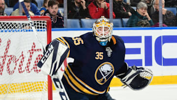 BUFFALO, NY - JANUARY 11: Linus Ullmark #35 of the Buffalo Sabres tends goal against the Columbus Blue Jackets during an NHL game on January 11, 2018 at KeyBank Center in Buffalo, New York. (Photo by Bill Wippert/NHLI via Getty Images)