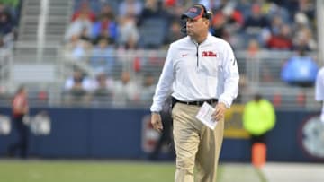 Nov 7, 2015; Oxford, MS, USA; Mississippi Rebels head coach Hugh Freeze walks along the field during a time out during the second quarter of the game against the Arkansas Razorbacks at Vaught-Hemingway Stadium. Mandatory Credit: Matt Bush-USA TODAY Sports
