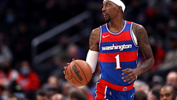 Denver Nuggets trade targets: Kentavious Caldwell-Pope #1 of the Washington Wizards dribbles the ball against the New Orleans Pelicans in the first half at Capital One Arena on 15 Nov. 2021 in Washington, DC. (Photo by Rob Carr/Getty Images)