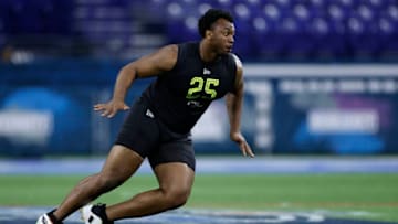 INDIANAPOLIS, IN - FEBRUARY 28: Offensive lineman Austin Jackson of USC runs a drill during the NFL Combine at Lucas Oil Stadium on February 28, 2020 in Indianapolis, Indiana. (Photo by Joe Robbins/Getty Images)