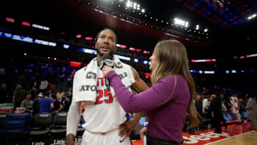 DETROIT, MI - OCTOBER 28: Derrick Rose #25 of the Detroit Pistons is interviewed after a game against the Indiana Pacers on October 28, 2019 at Little Caesars Arena in Detroit, Michigan. NOTE TO USER: User expressly acknowledges and agrees that, by downloading and/or using this photograph, User is consenting to the terms and conditions of the Getty Images License Agreement. Mandatory Copyright Notice: Copyright 2019 NBAE (Photo by Brian Sevald/NBAE via Getty Images)